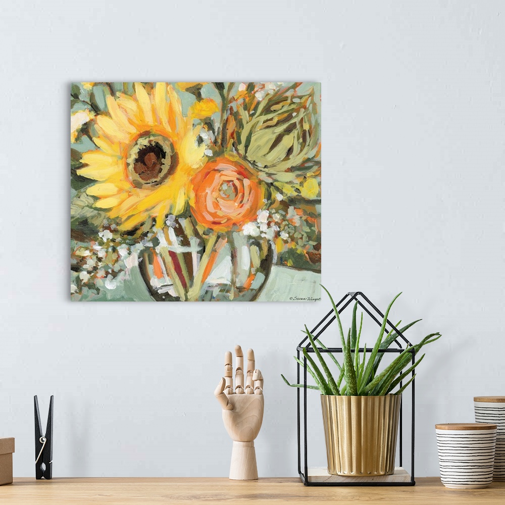 A bohemian room featuring This striking sunflower bouquet adds a dramatic statement to any room