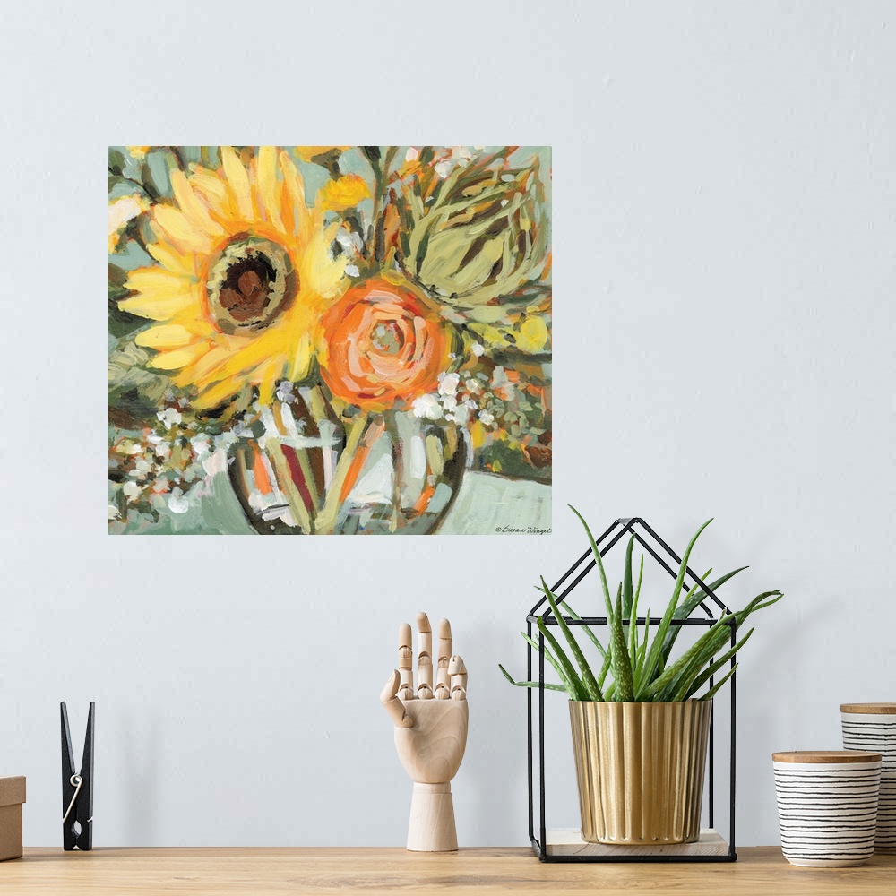 A bohemian room featuring This striking sunflower bouquet adds a dramatic statement to any room