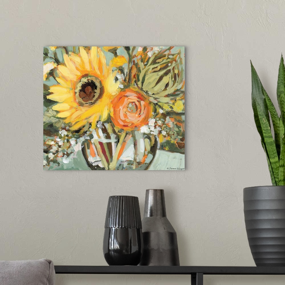A modern room featuring This striking sunflower bouquet adds a dramatic statement to any room