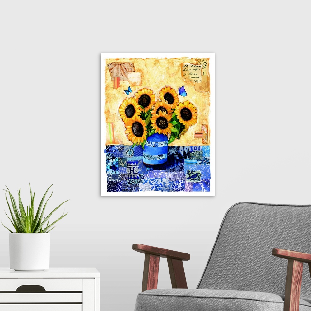 A modern room featuring Pattern-driven sunflower vignette perfect for kitchen, dining room and more