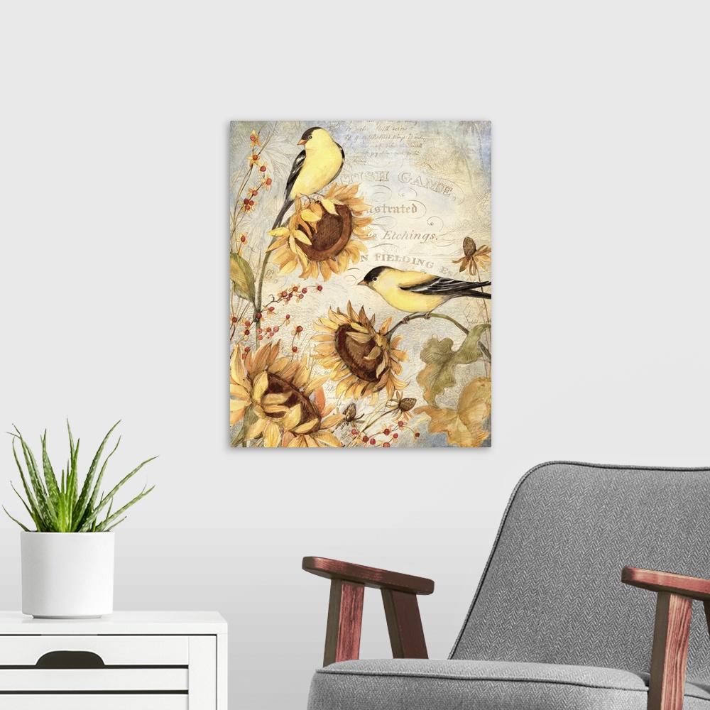 A modern room featuring Goldfinches and sunflowers make a perfect combination!