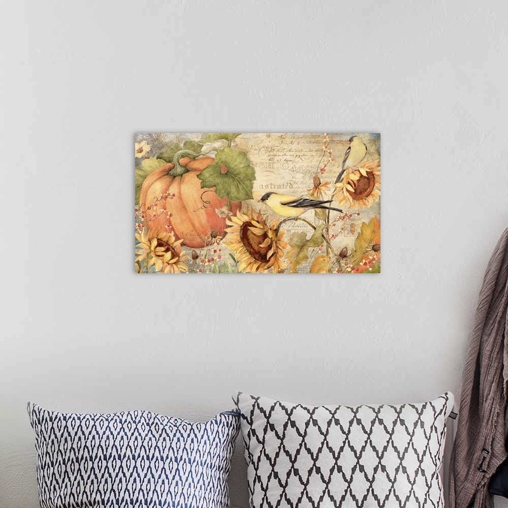 A bohemian room featuring Goldfinches, pumpkins and sunflowers make a stunning harvest montage!