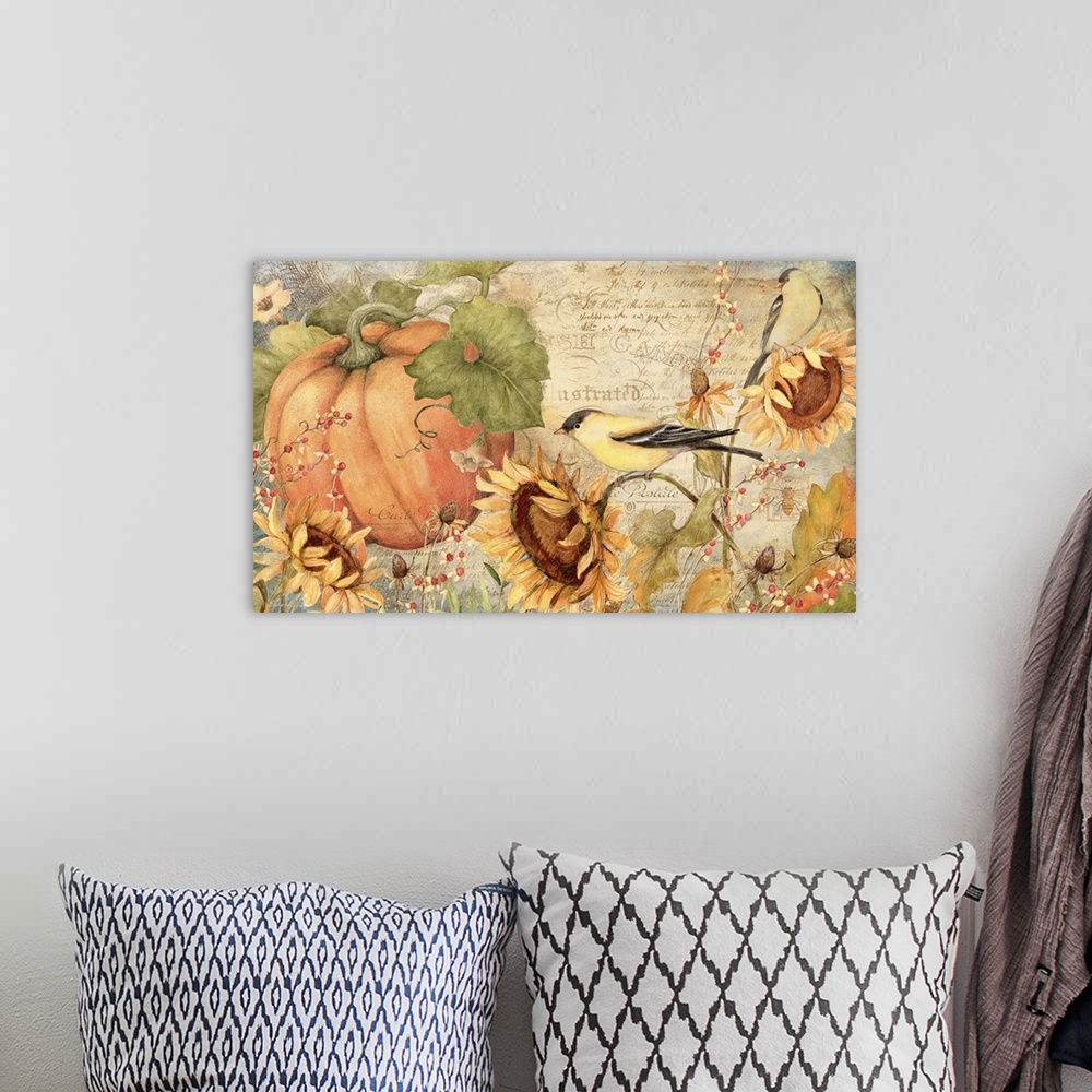 A bohemian room featuring Goldfinches, pumpkins and sunflowers make a stunning harvest montage!