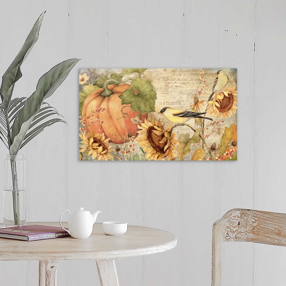 A farmhouse room featuring Goldfinches, pumpkins and sunflowers make a stunning harvest montage!