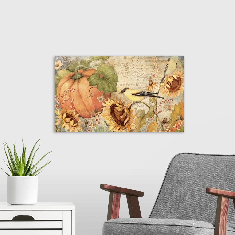 A modern room featuring Goldfinches, pumpkins and sunflowers make a stunning harvest montage!