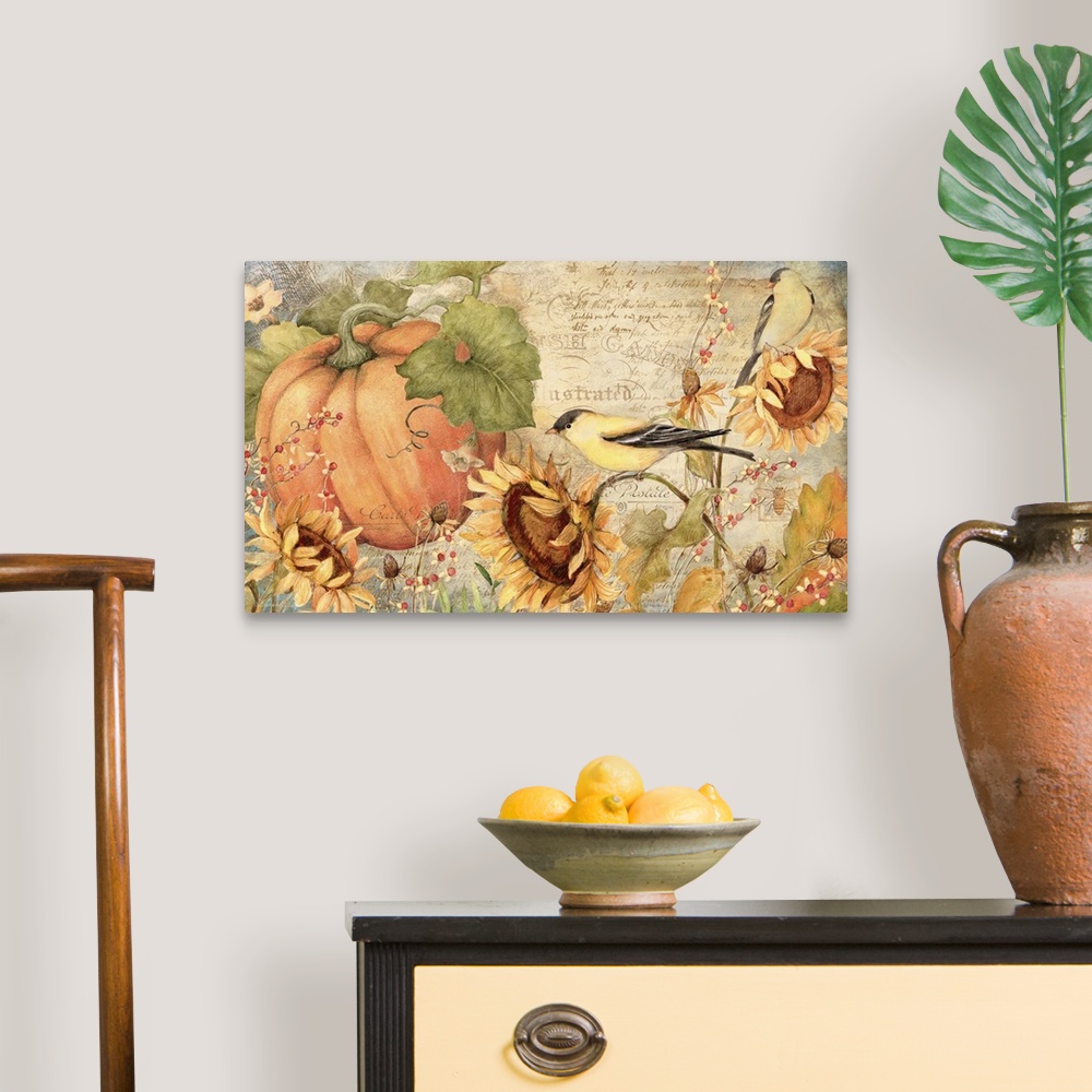 A traditional room featuring Goldfinches, pumpkins and sunflowers make a stunning harvest montage!
