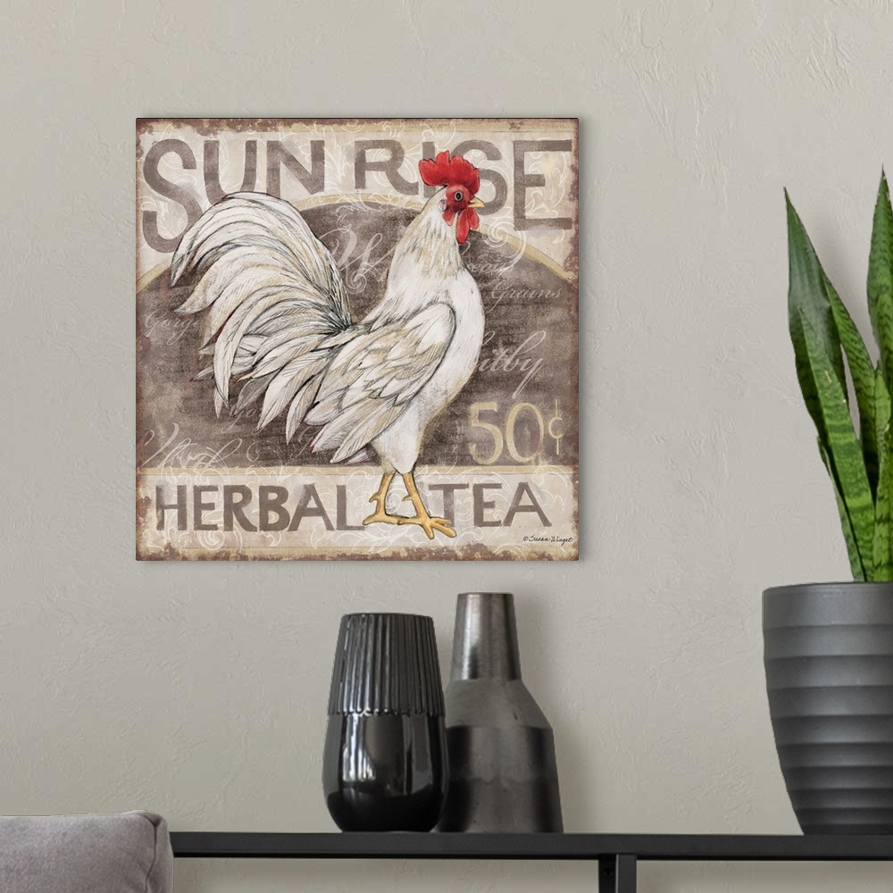 A modern room featuring Vintage rooster sign adds a retro touch to your decor