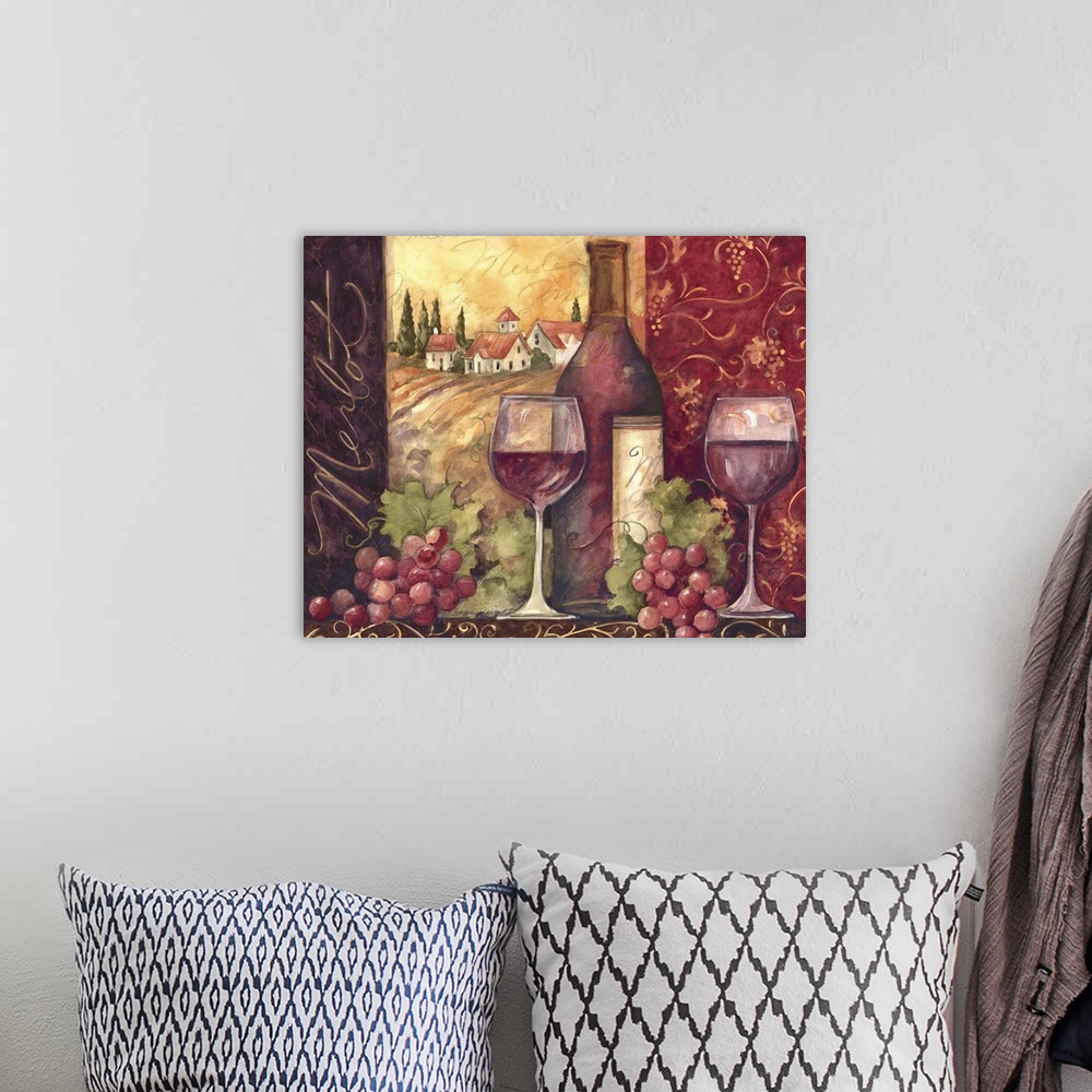 A bohemian room featuring A painting of two glasses of Merlot wine and a wine bottle with grapes in front of a Tuscan viney...