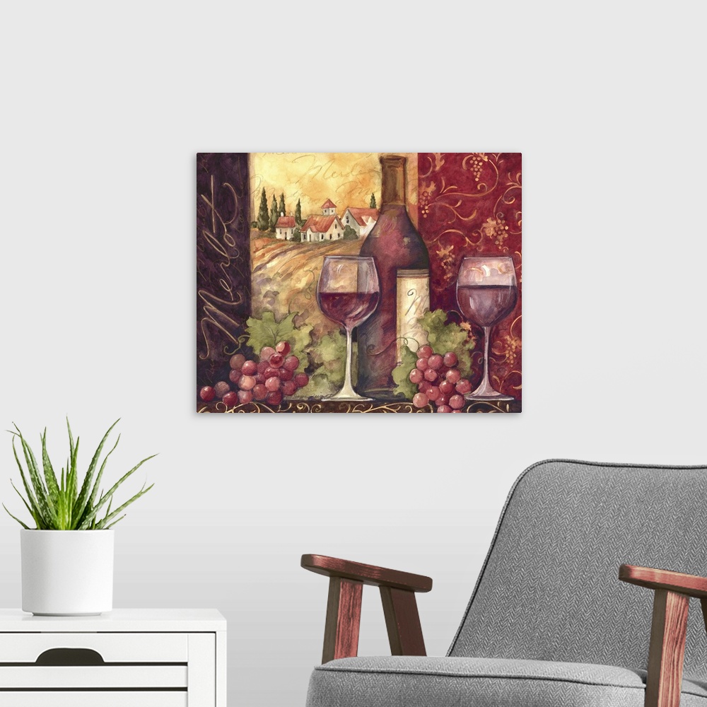 A modern room featuring A painting of two glasses of Merlot wine and a wine bottle with grapes in front of a Tuscan viney...
