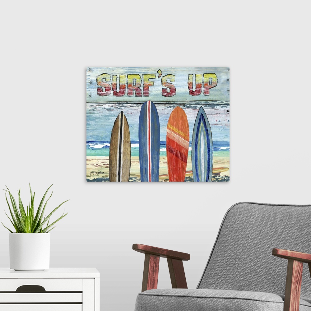 A modern room featuring Vintage beach sign brings the ocean in to your den, study, bar or rec room.
