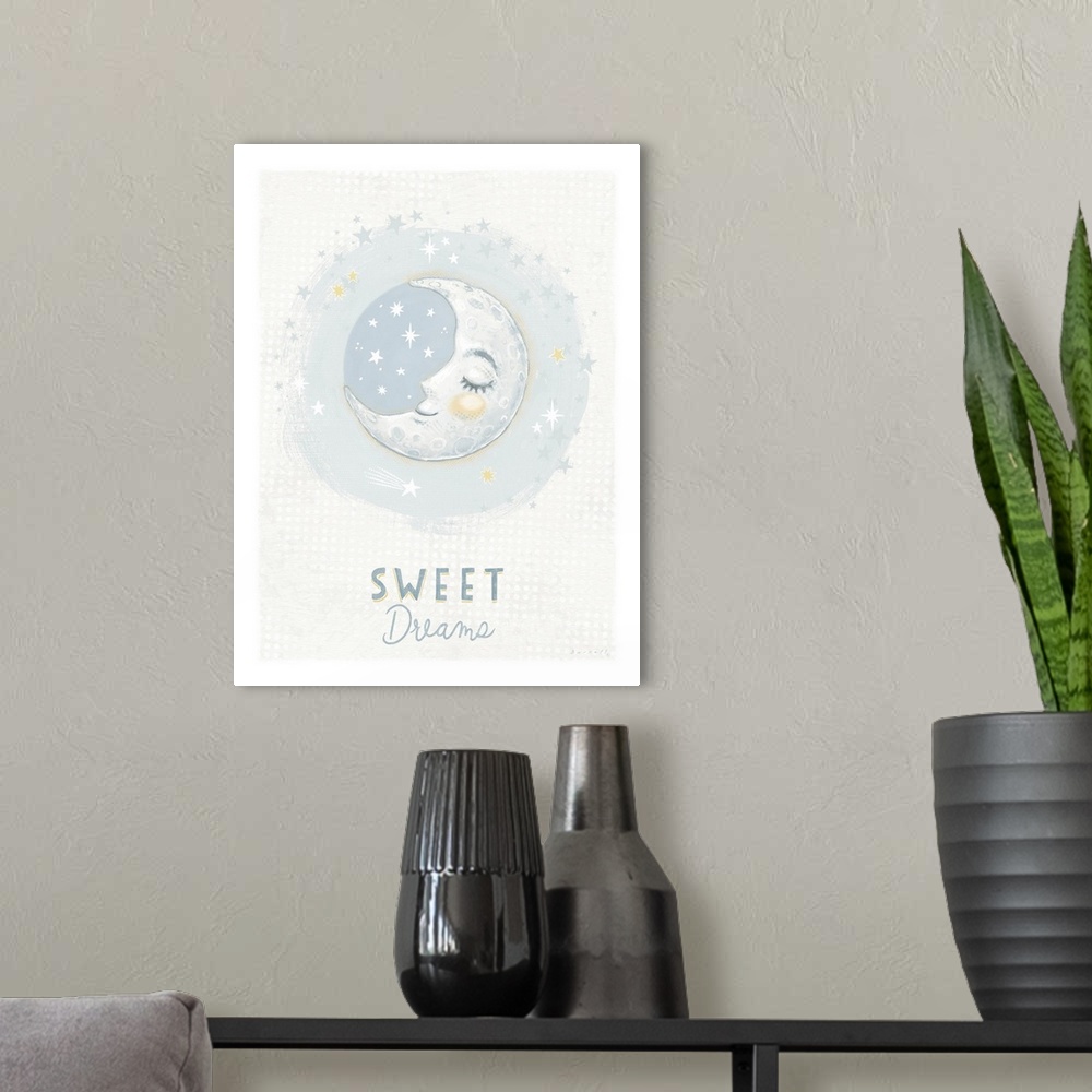 A modern room featuring A sweet and softly rendered painting of the man in the moonoperfect for any nursery.