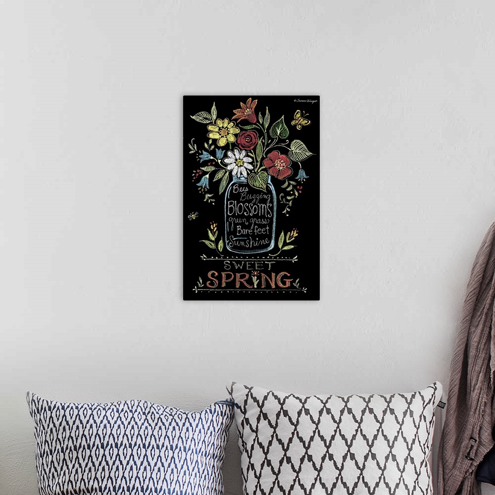 A bohemian room featuring Chalkboard treatment of flowers adds fresh touch to your decor!