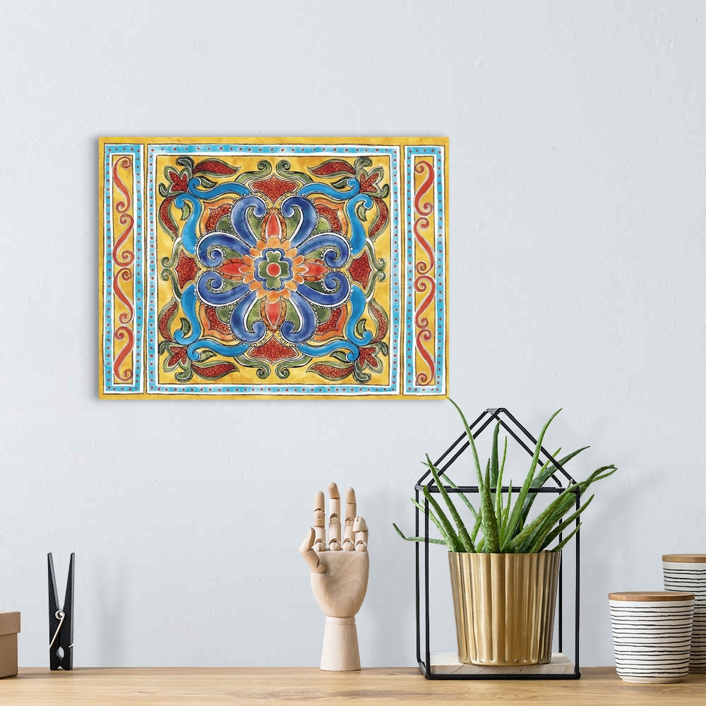 A bohemian room featuring Pattern-rich faux-ceramic art inspired by talavera pottery