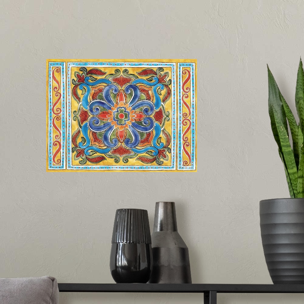 A modern room featuring Pattern-rich faux-ceramic art inspired by talavera pottery