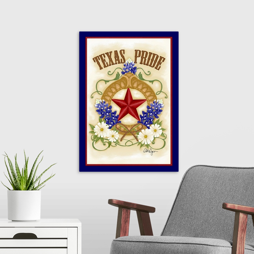 A modern room featuring Texas gets the star treatment here, adorned with the lovely Blue Bonnet state flower.