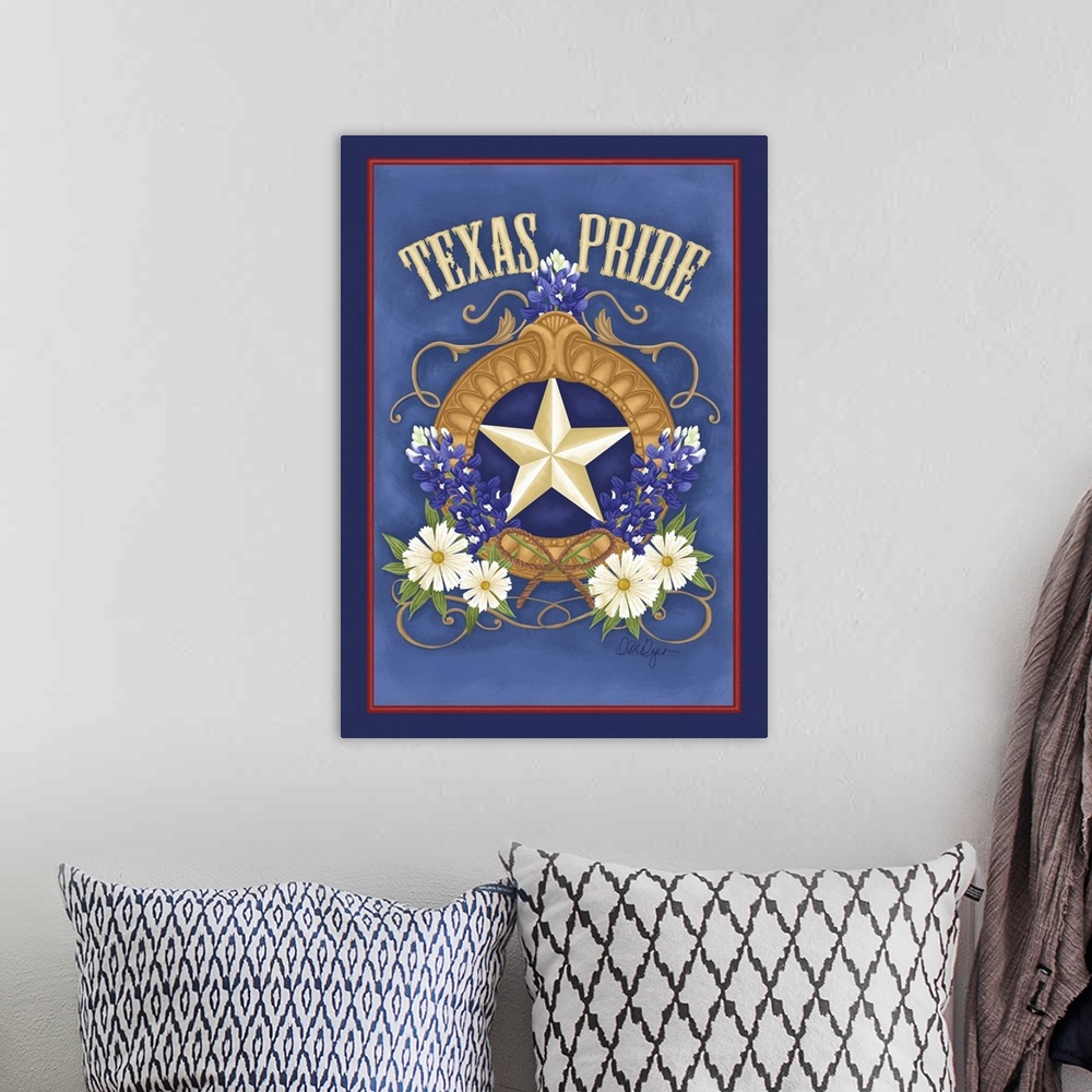 A bohemian room featuring Texas gets the star treatment here, adorned with the lovely Blue Bonnet state flower.