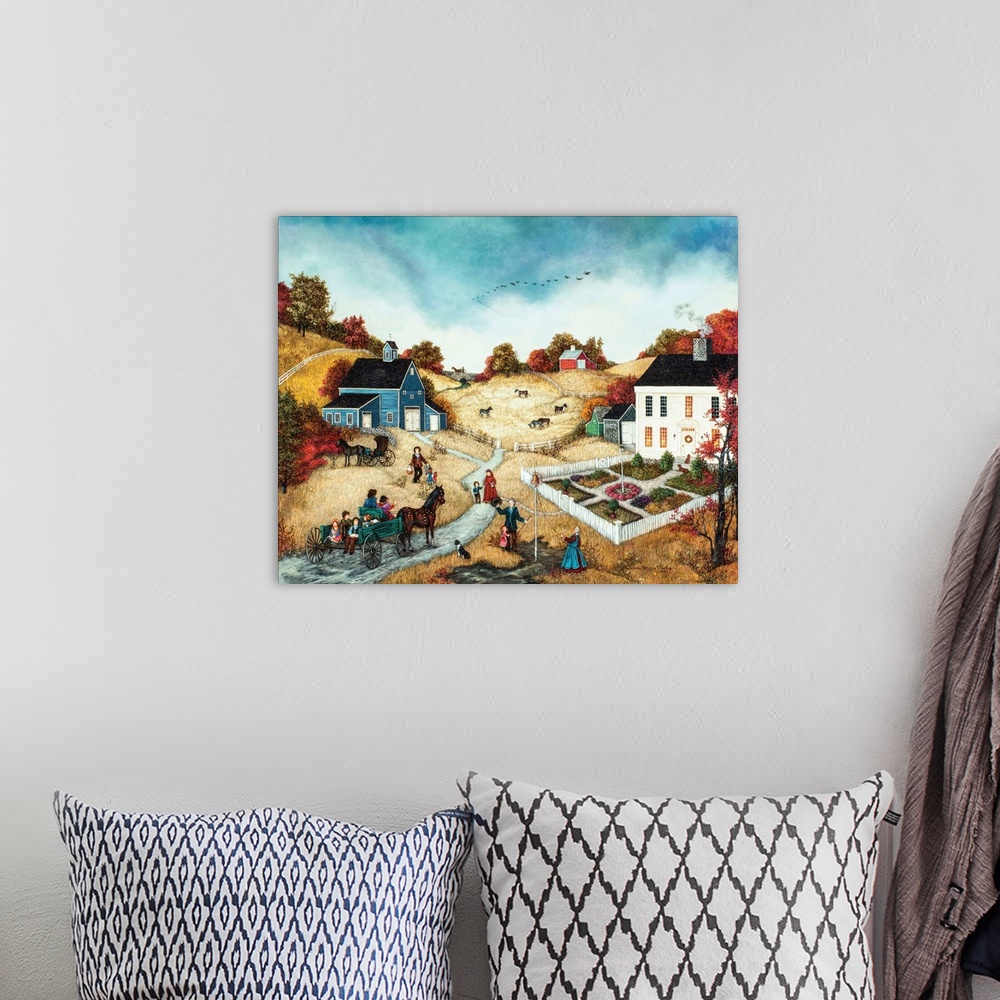 A bohemian room featuring A contemporary painting of a countryside village scene at Thanksgiving.
