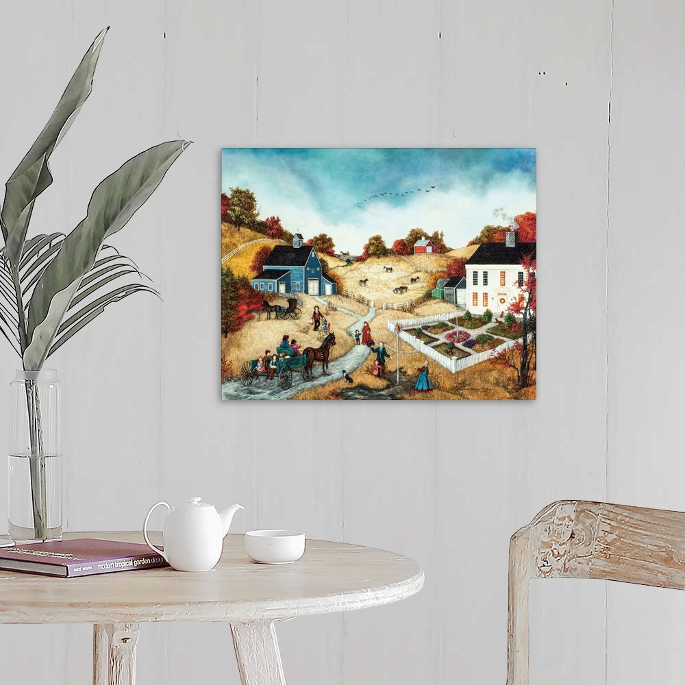 A farmhouse room featuring A contemporary painting of a countryside village scene at Thanksgiving.