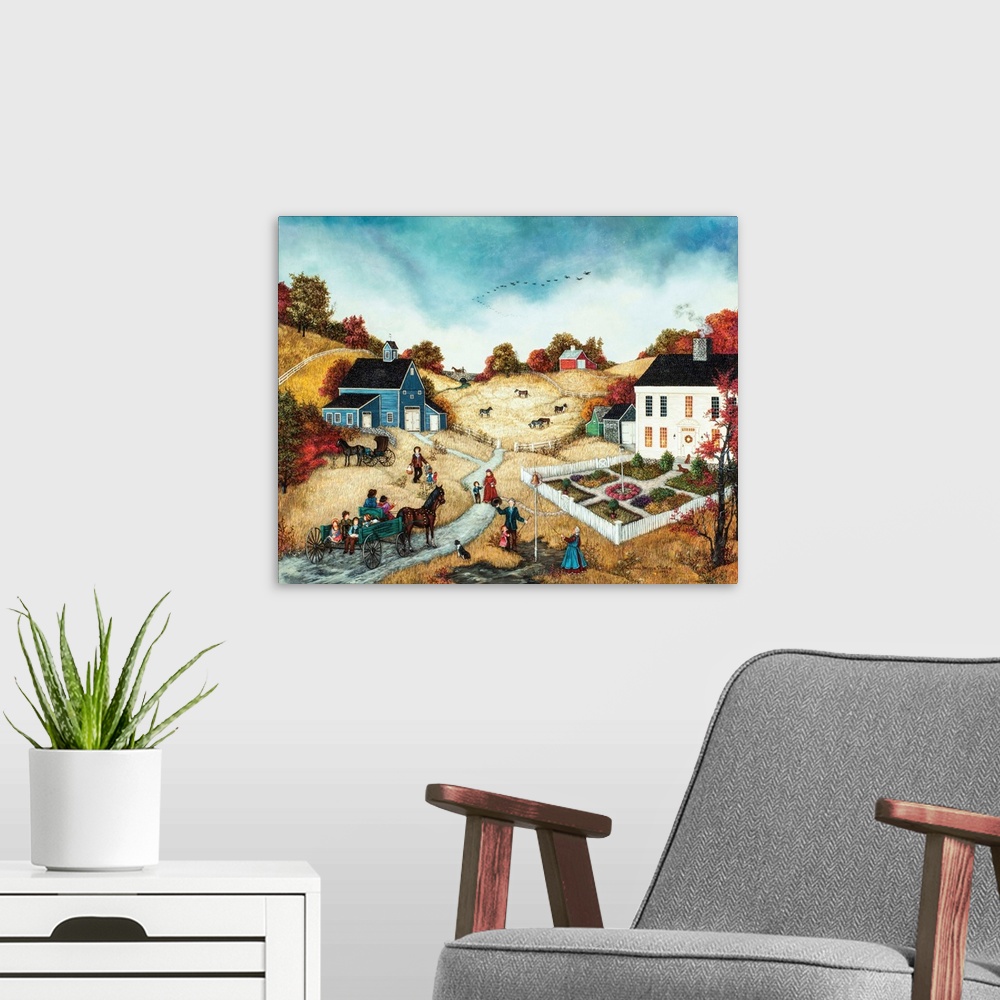 A modern room featuring A contemporary painting of a countryside village scene at Thanksgiving.