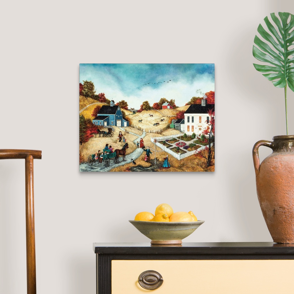 A traditional room featuring A contemporary painting of a countryside village scene at Thanksgiving.
