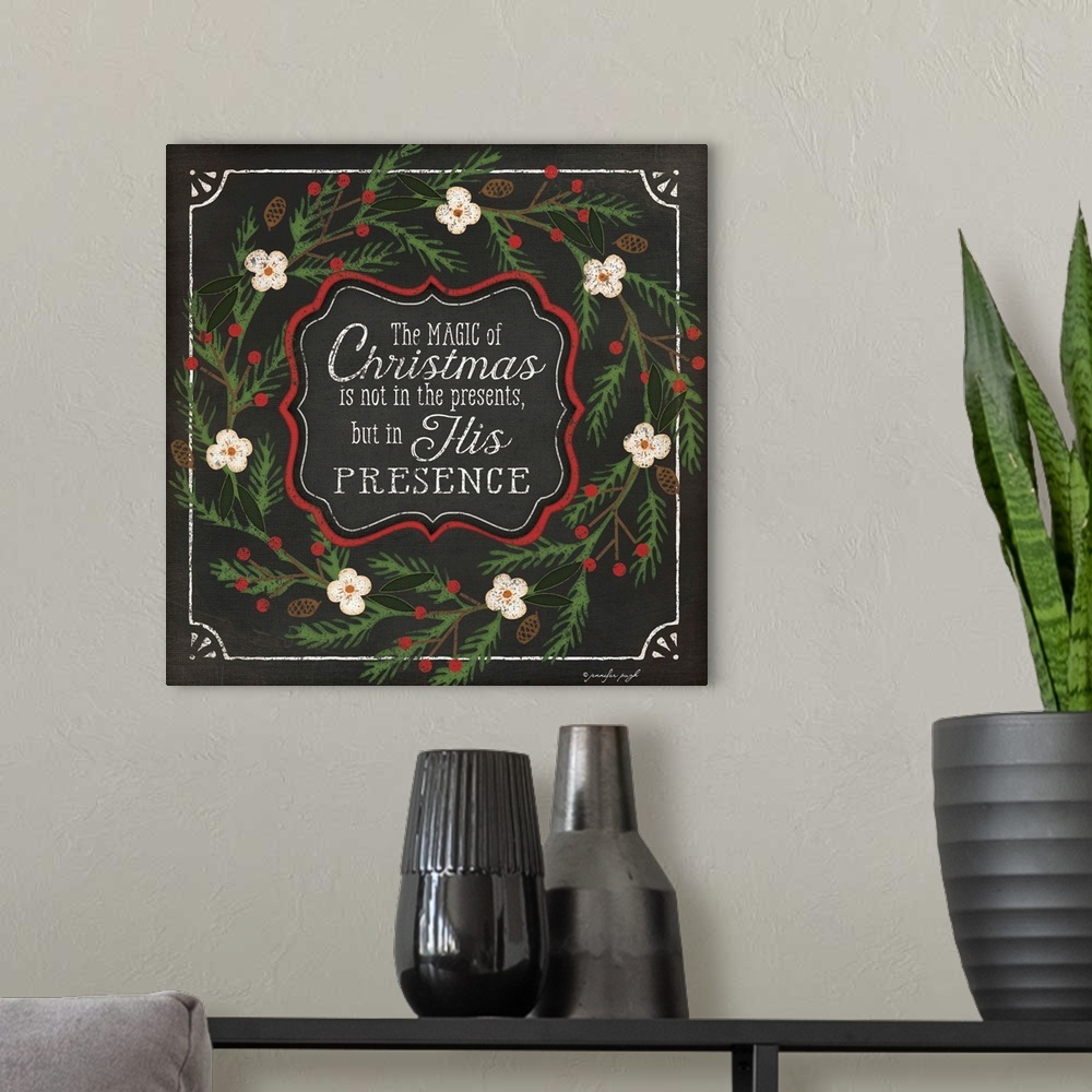 A modern room featuring Holiday themed home decor artwork.