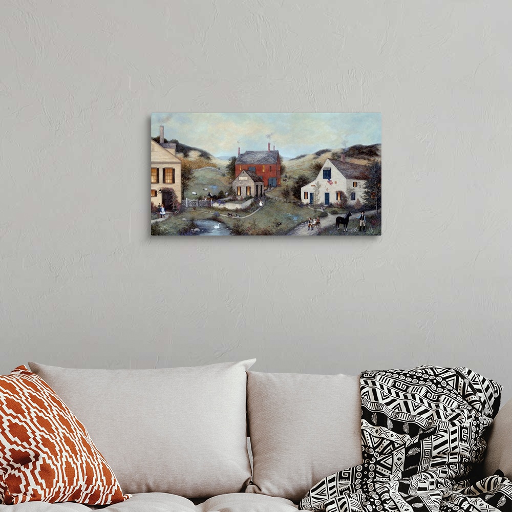 A bohemian room featuring A contemporary painting of a countryside village scene.