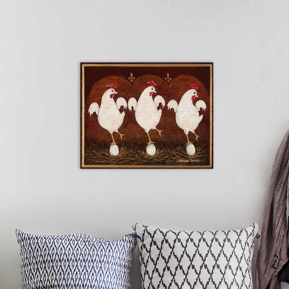 A bohemian room featuring Charming Americana / Folk Art image by renowned artist Warren Kimble depicting three hens balanci...