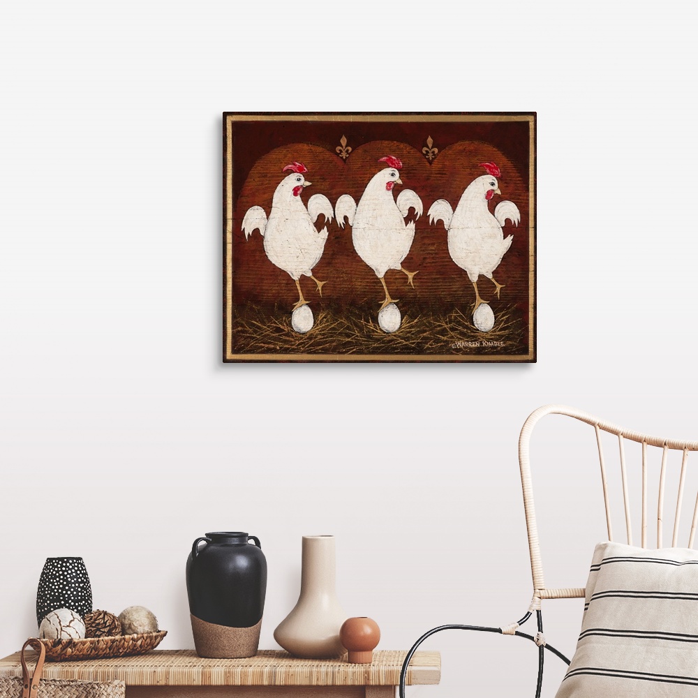 A farmhouse room featuring Charming Americana / Folk Art image by renowned artist Warren Kimble depicting three hens balanci...