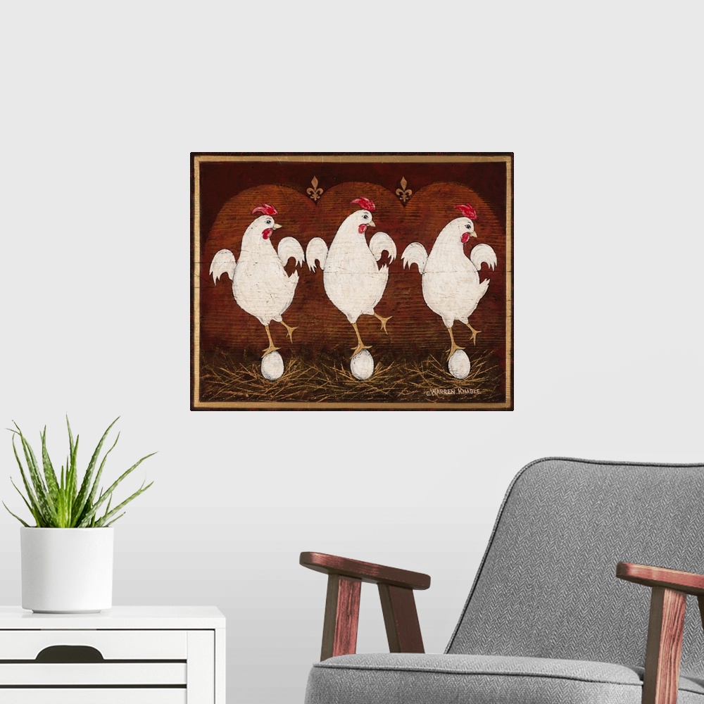 A modern room featuring Charming Americana / Folk Art image by renowned artist Warren Kimble depicting three hens balanci...