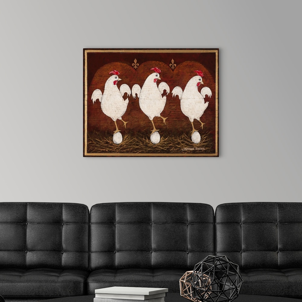 A modern room featuring Charming Americana / Folk Art image by renowned artist Warren Kimble depicting three hens balanci...