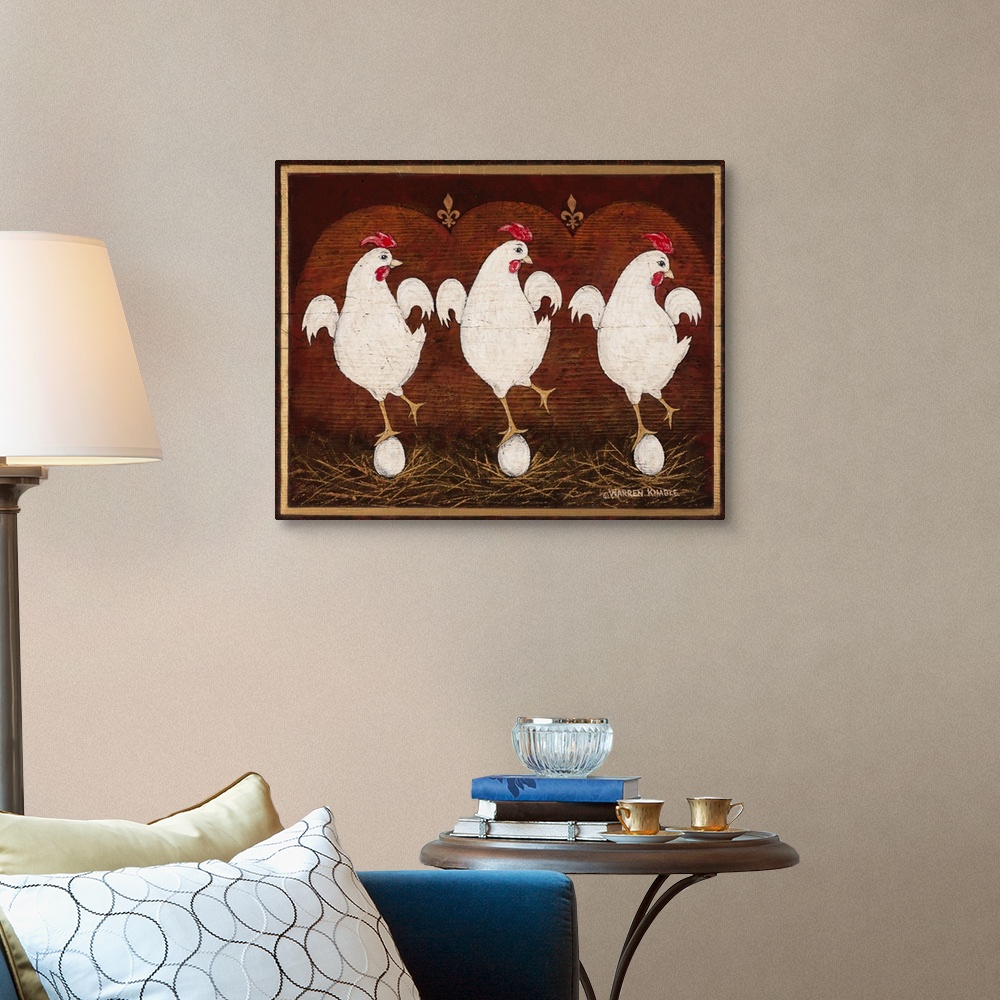 A traditional room featuring Charming Americana / Folk Art image by renowned artist Warren Kimble depicting three hens balanci...