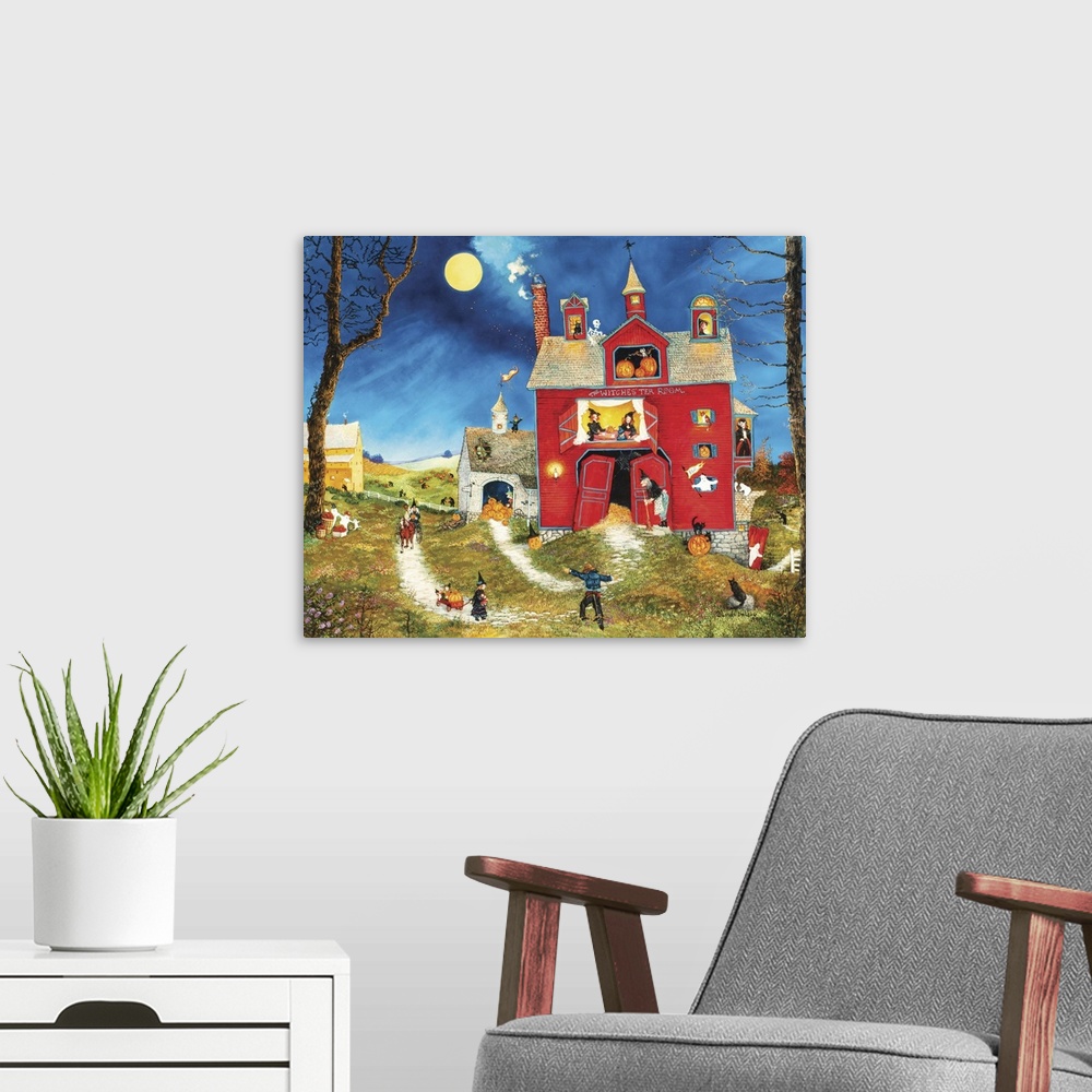 A modern room featuring A contemporary painting of a countryside village scene at Halloween.