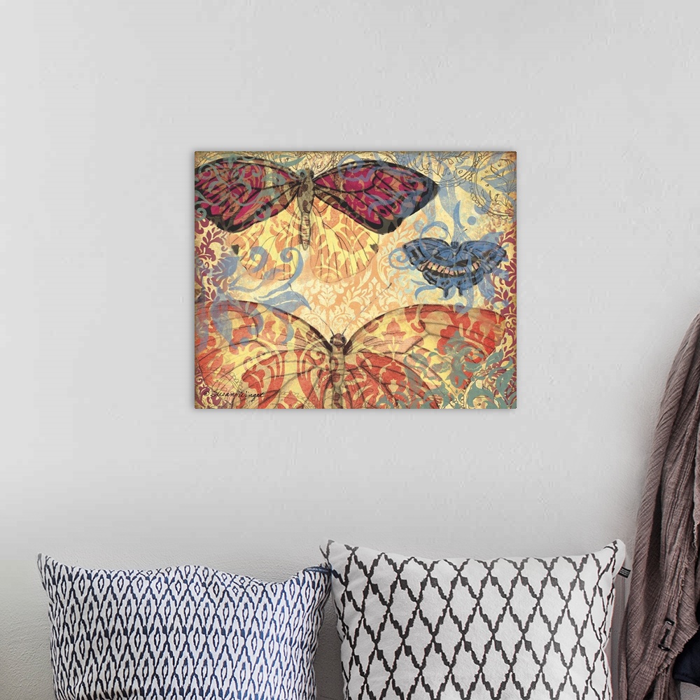 A bohemian room featuring Three Butterflies With Ornate Wings On Decorative Background