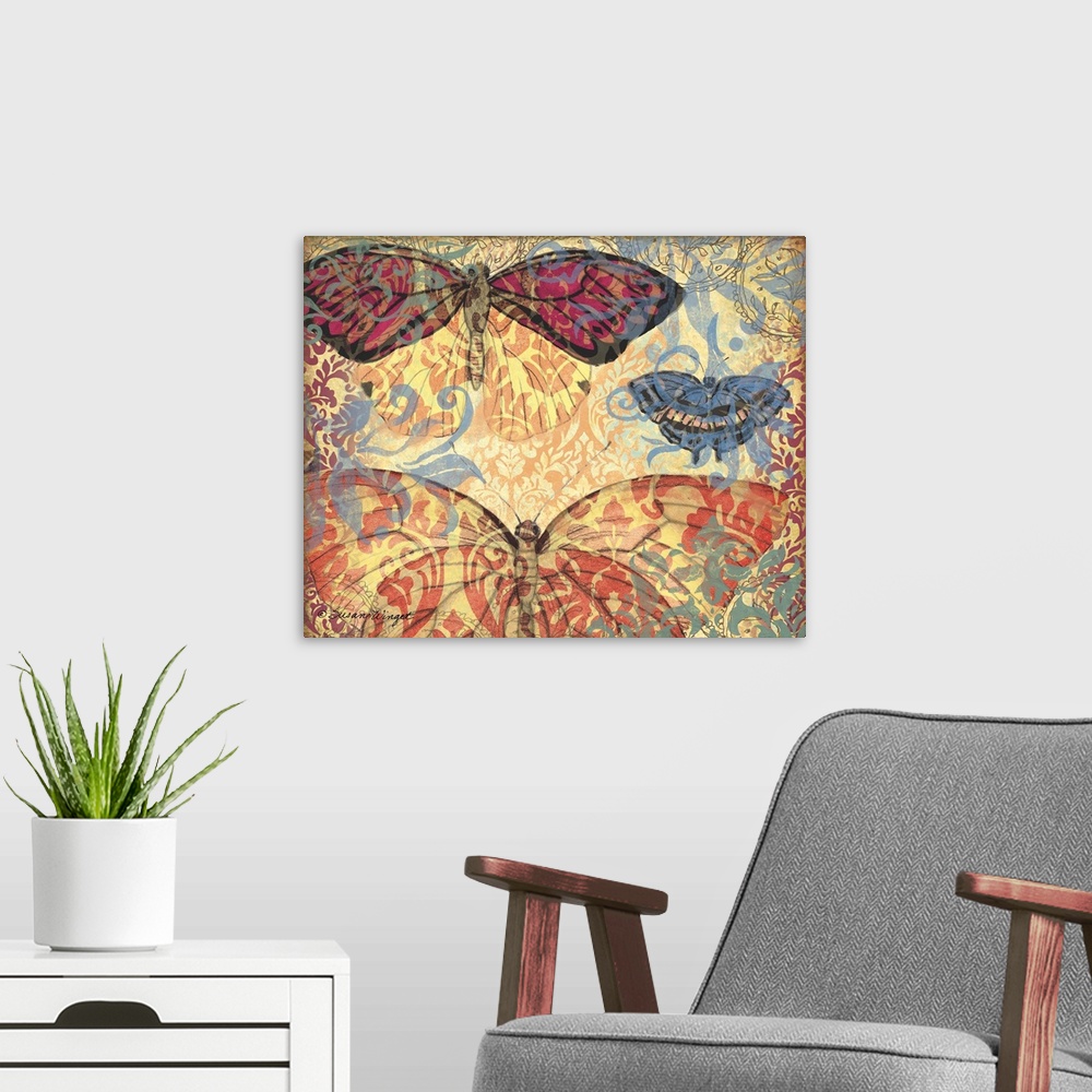 A modern room featuring Three Butterflies With Ornate Wings On Decorative Background