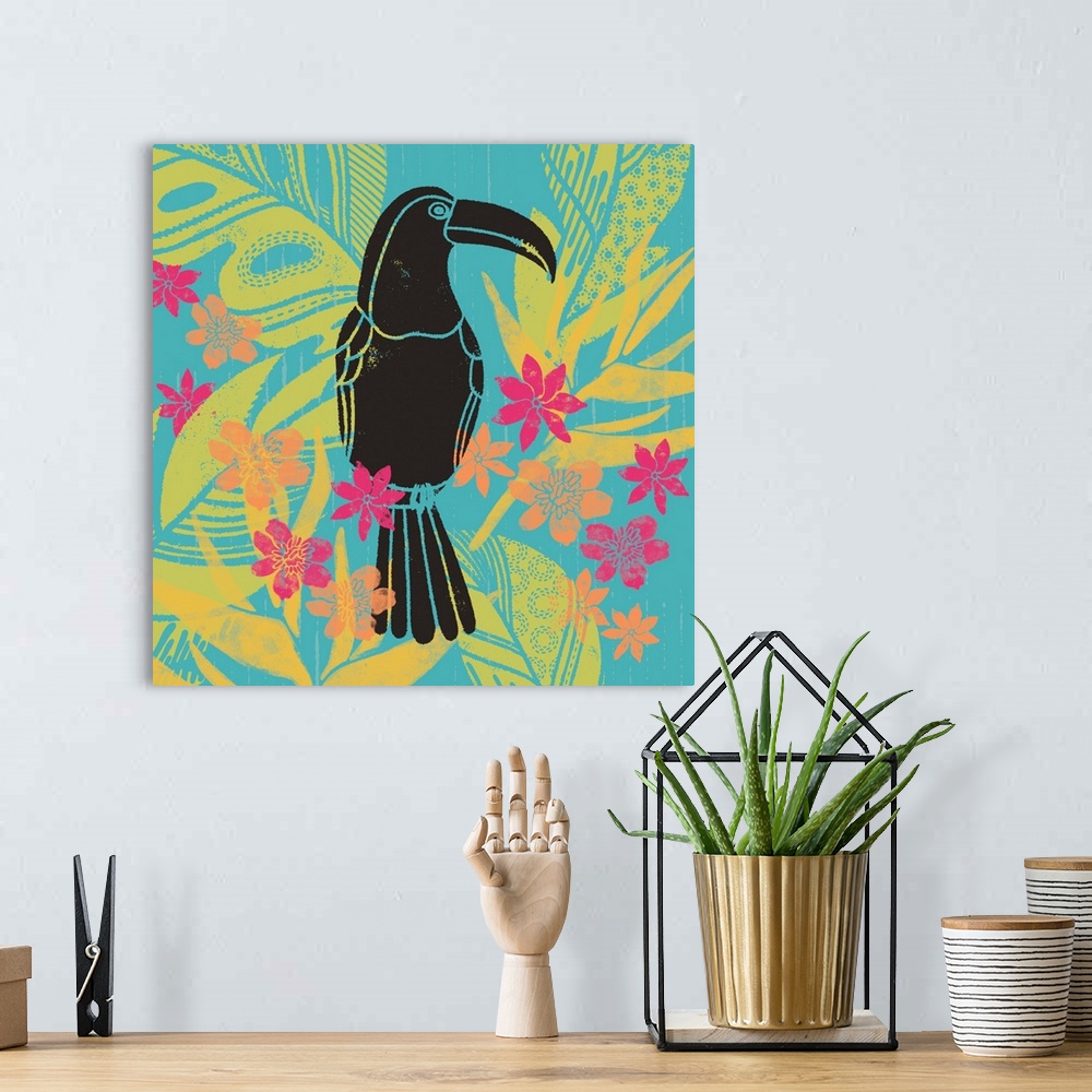A bohemian room featuring Evoke the tropics with this colorful and fun Tiki-themed art.