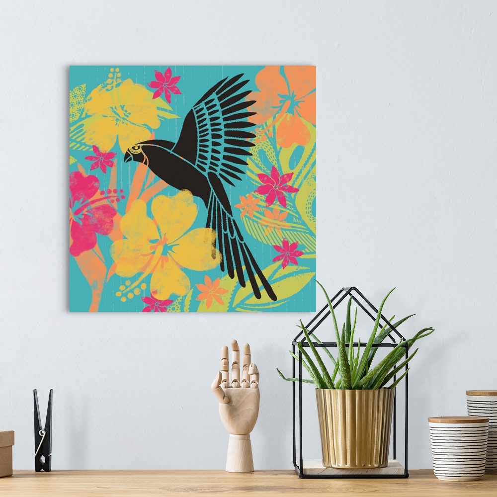 A bohemian room featuring Evoke the tropics with this colorful and fun Tiki-themed art.