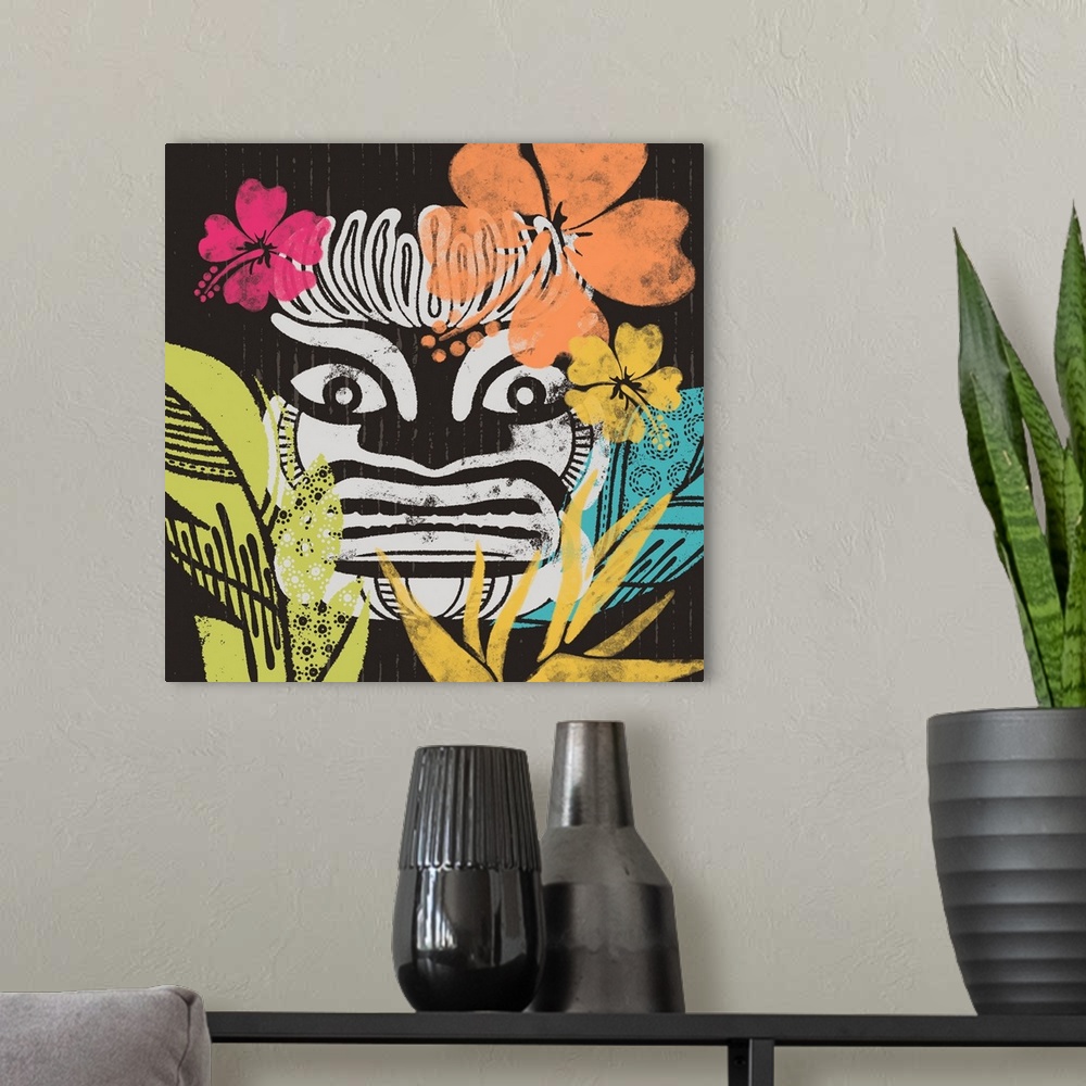 A modern room featuring Evoke the tropics with this colorful and fun Tiki-themed art.