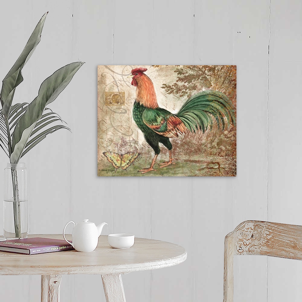 A farmhouse room featuring This elegant Rooster image adds a stunning accent to your kitchen or dining room.
