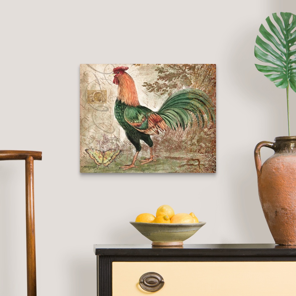 A traditional room featuring This elegant Rooster image adds a stunning accent to your kitchen or dining room.