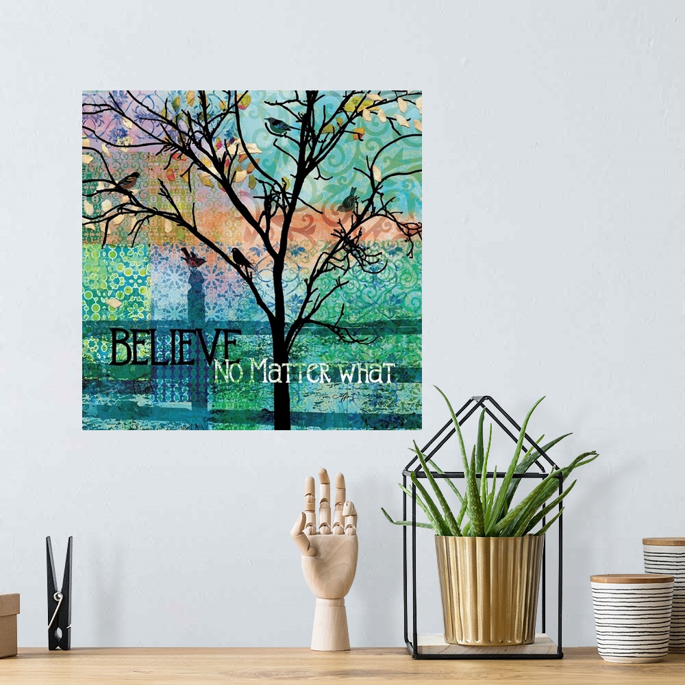 A bohemian room featuring A bold, abstract Tree scene with inspirational accent.