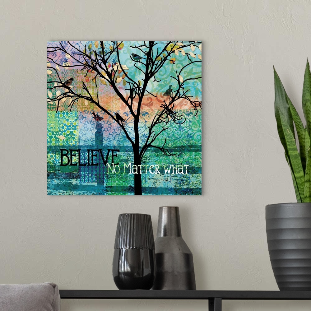 A modern room featuring A bold, abstract Tree scene with inspirational accent.