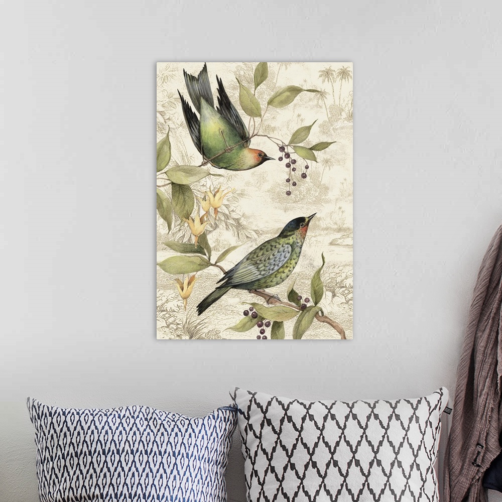 A bohemian room featuring Elegant, botanical bird art adds a traditional elegance to any home.