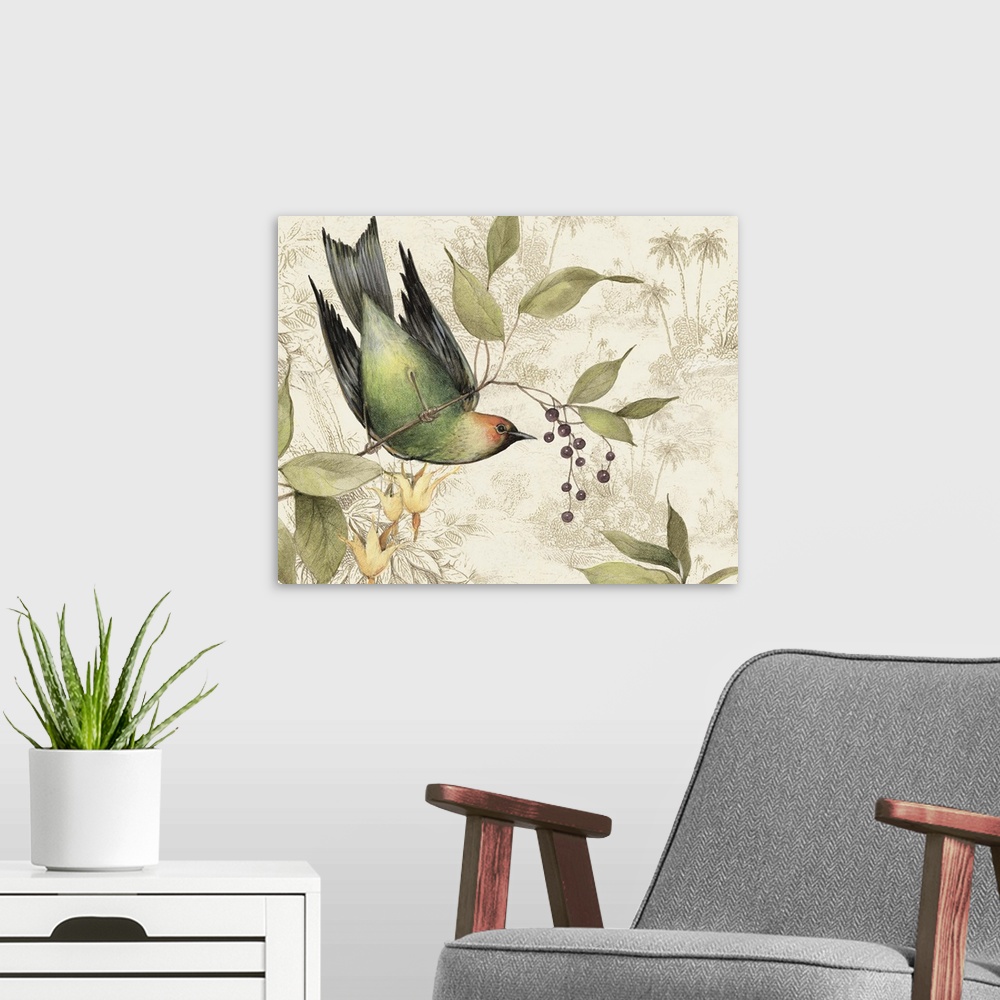 A modern room featuring Elegant, botanical bird art adds a traditional elegance to any home.
