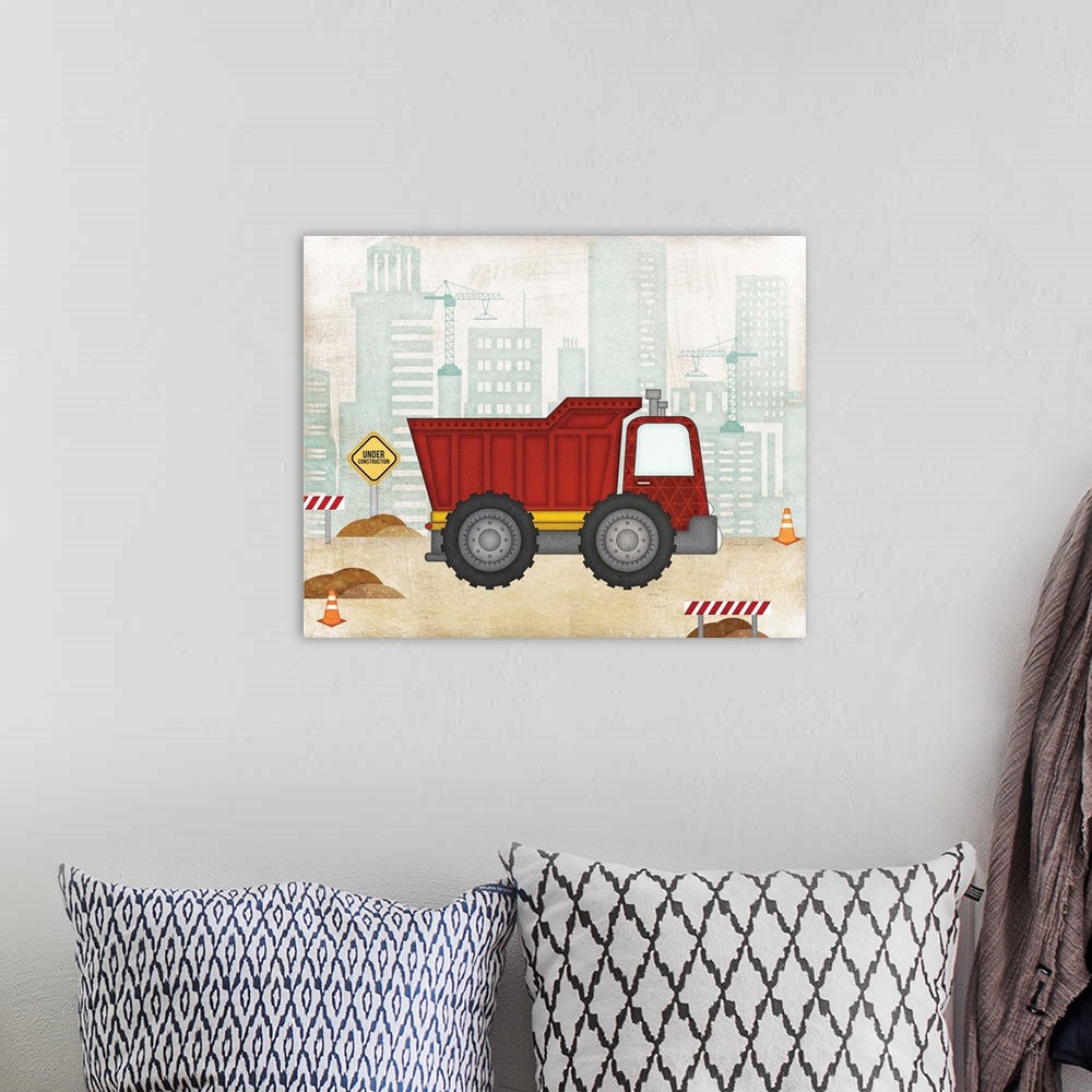 A bohemian room featuring Children's artwork of a dump truck parked at a construction site with a distressed texture throug...