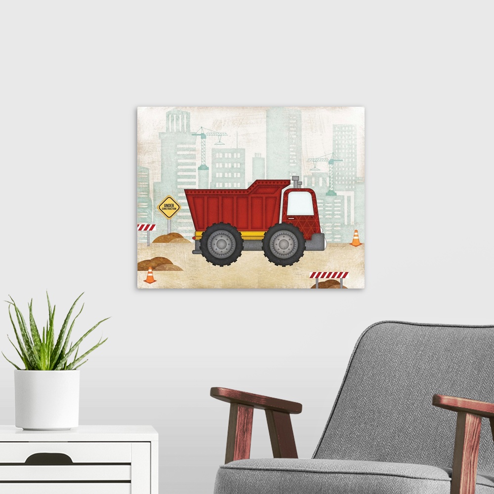 A modern room featuring Children's artwork of a dump truck parked at a construction site with a distressed texture throug...