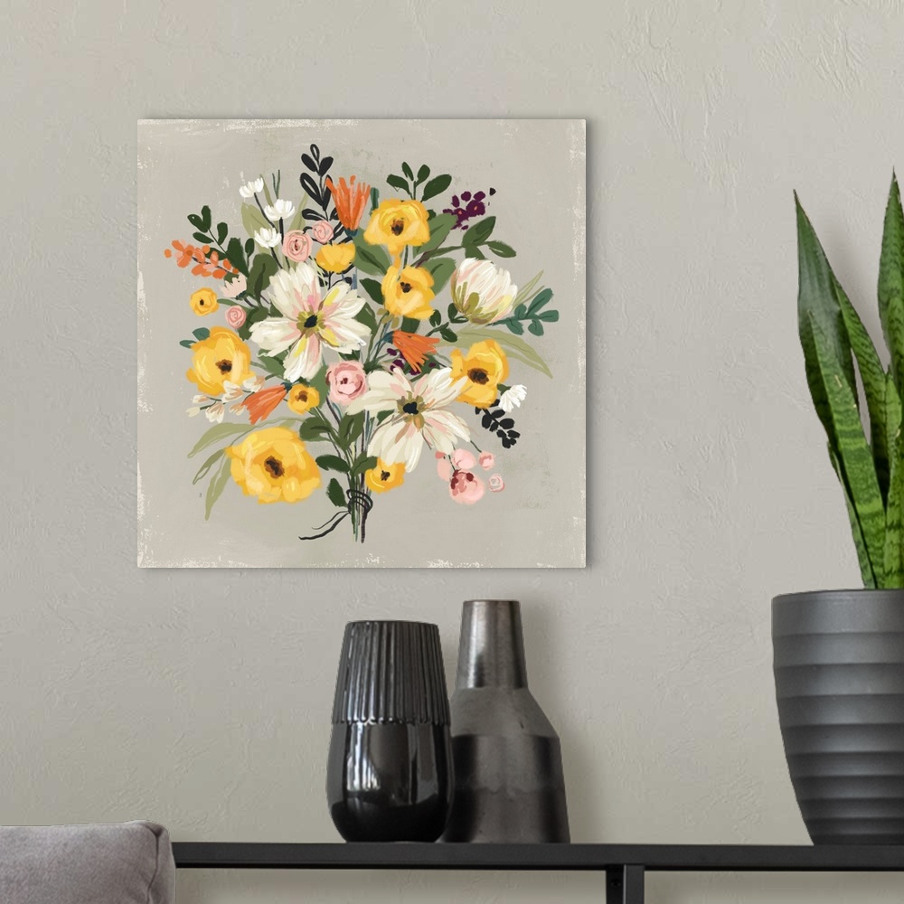 A modern room featuring This charming bouquet has a soft color palette that will work in any room