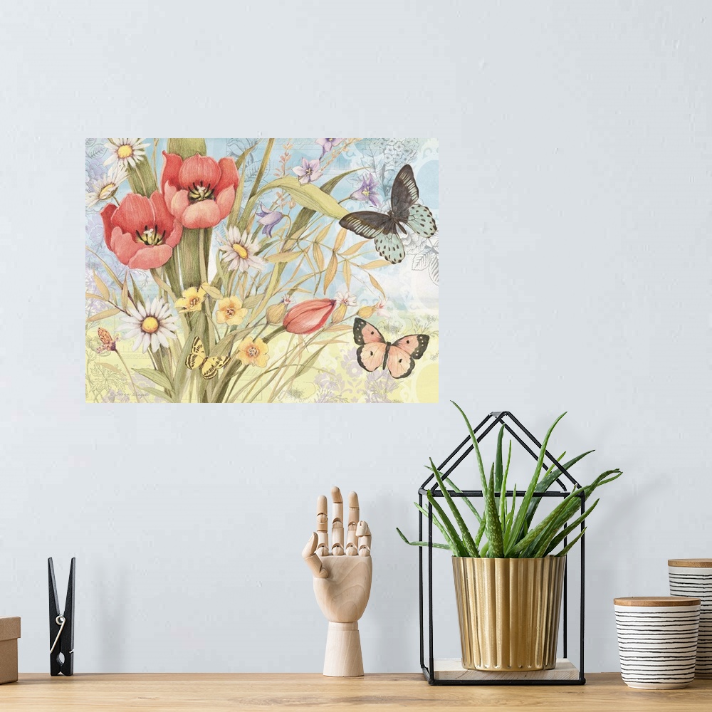 A bohemian room featuring Lovely botanical butterfly art subtly infuses nature into the home.