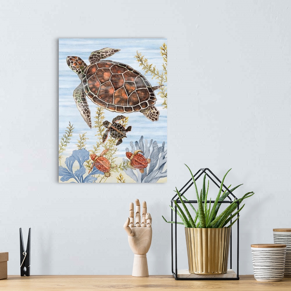 A bohemian room featuring A colorful underwater scene with a charming turtle family is great for coastal decor.