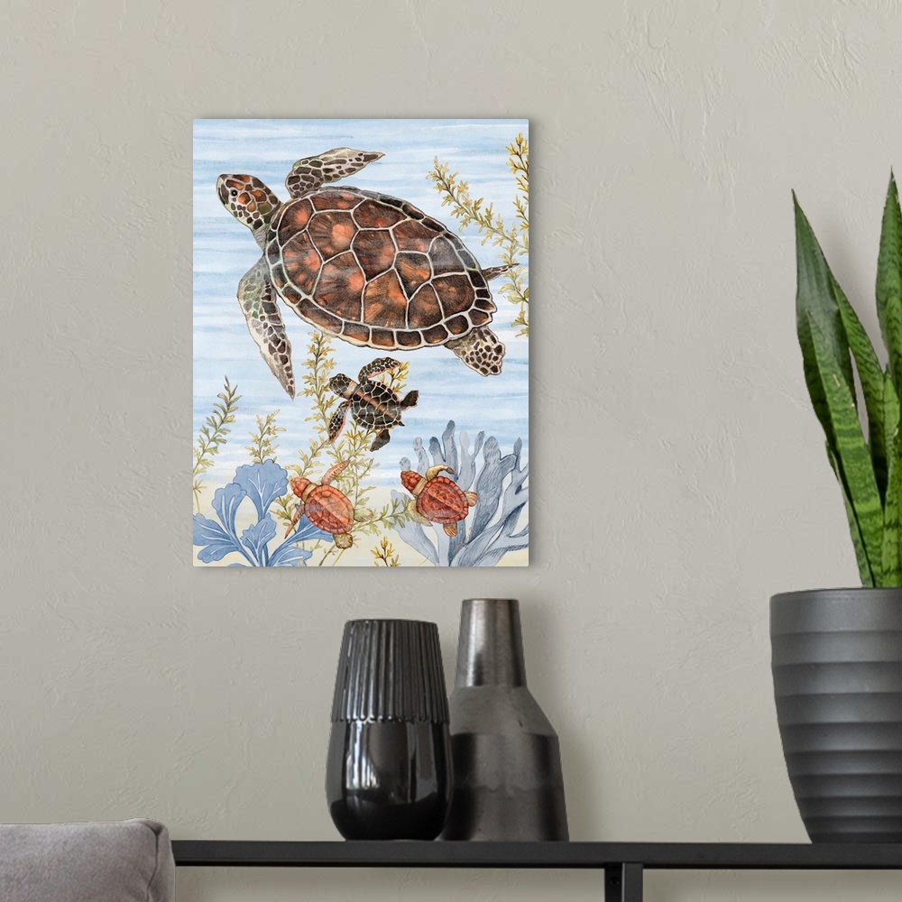 A modern room featuring A colorful underwater scene with a charming turtle family is great for coastal decor.