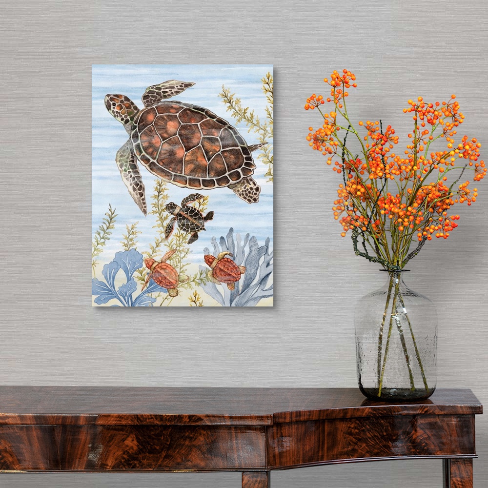 A traditional room featuring A colorful underwater scene with a charming turtle family is great for coastal decor.